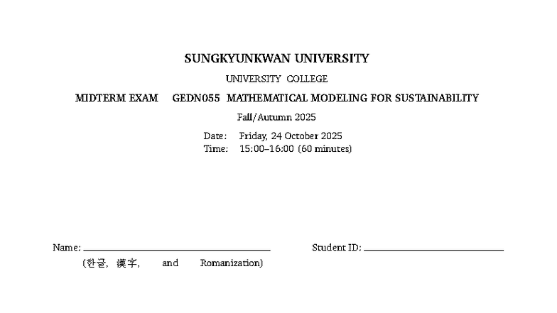 2025 Fall GEDN055 Midterm Exam Solutions: Mathematical Modeling for ...
