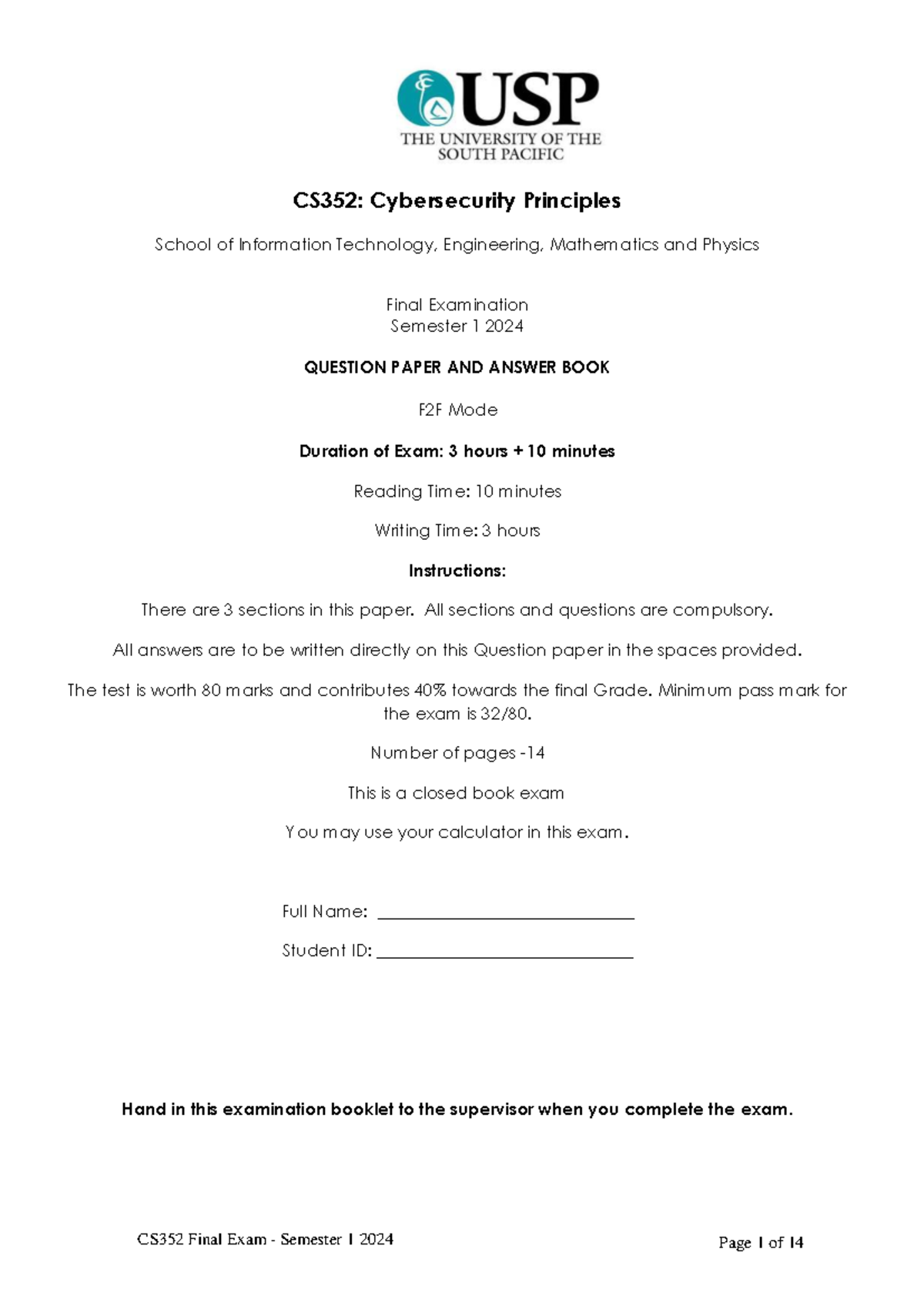 CS352 Final Exam Paper: Cybersecurity Principles Sem 1 2024 - Studocu