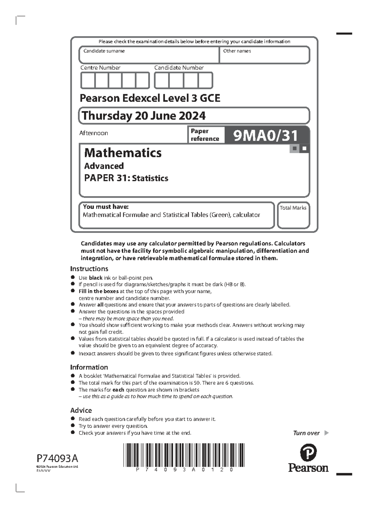 Edexcel A Level Maths 9MA0 Paper 3 Statistics Exam June 2024 - Studocu