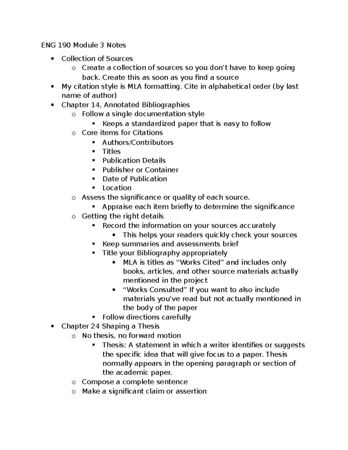 ENG 190 Module 3 Notes: Sources & Thesis Development Guide - Studocu