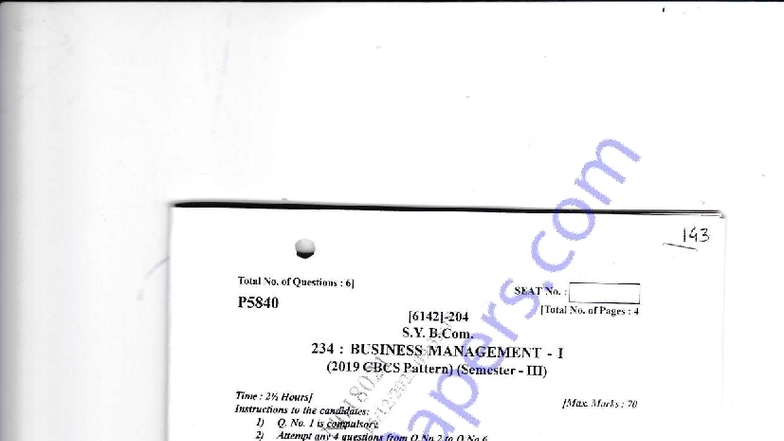BCom Sem 3 2023 Nov Business Management I Exam Questions - Studocu