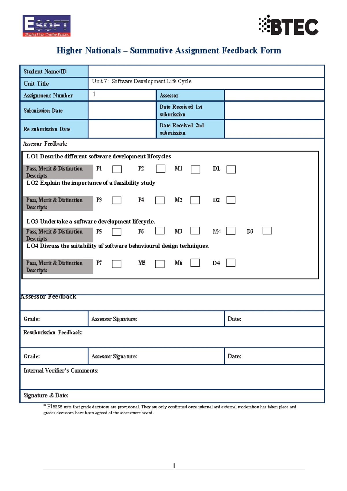 BTEC HND Unit 3 Professional Practice Assignment Feedback Form 2024 ...