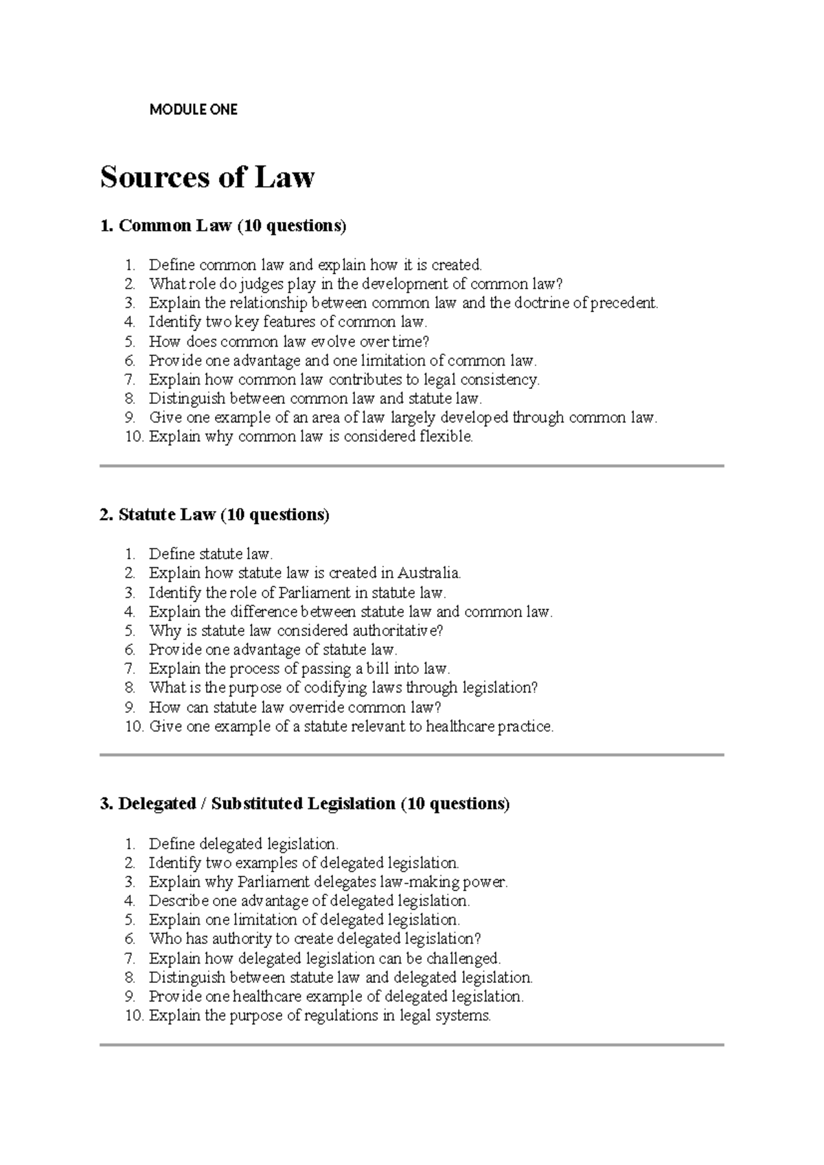 MODULE ONE: Sources of Law - Practice Questions and Notes - Studocu