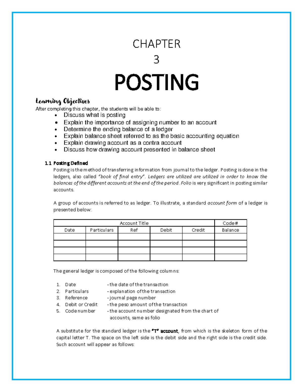 Acctg 111 Chapter 3 Posting - CHAPTER 3 POSTING Learning Objectives ...