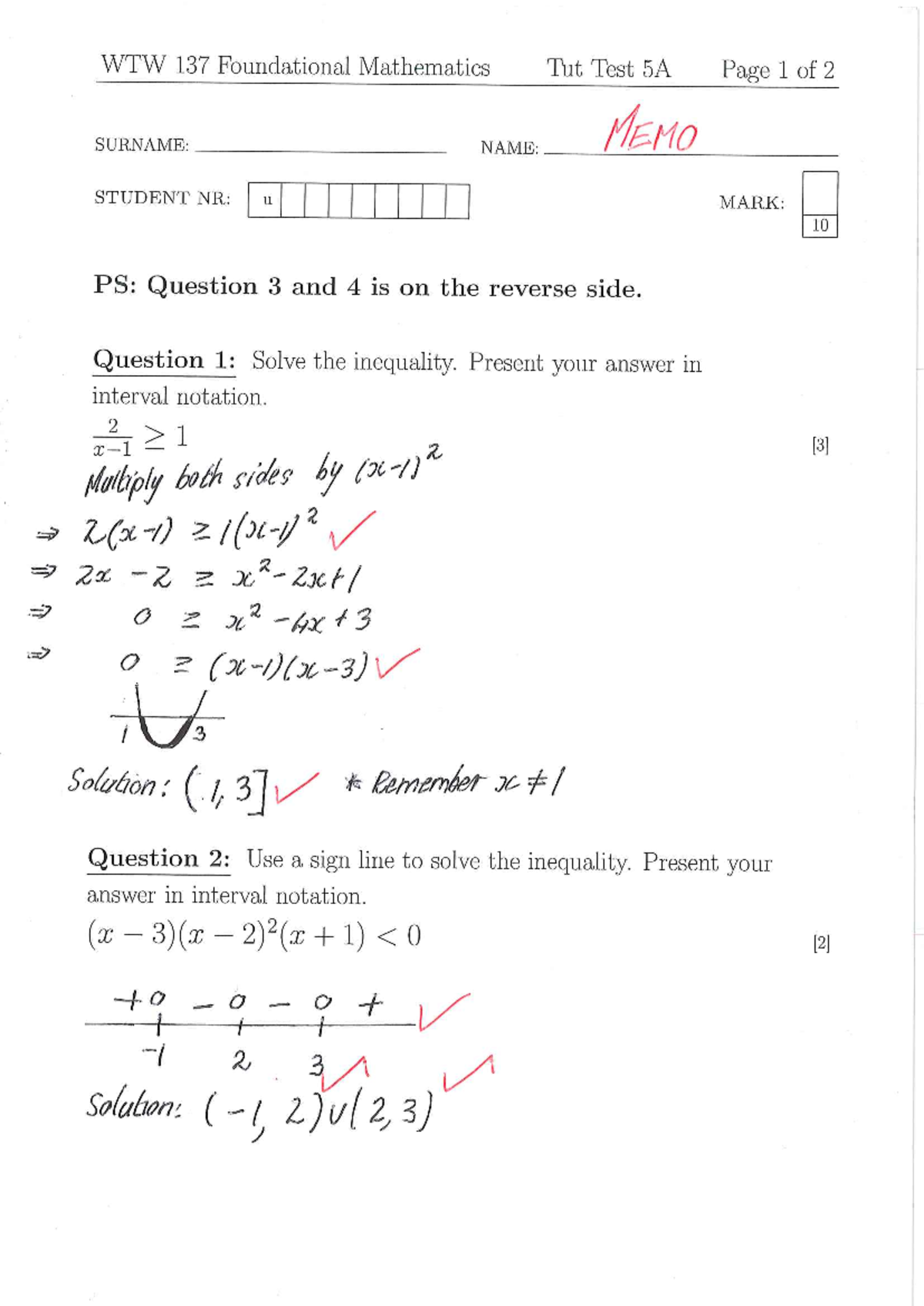 WTW 137 Foundational Mathematics Tutorial Test 5A, 5B, 5C Memo - Studocu