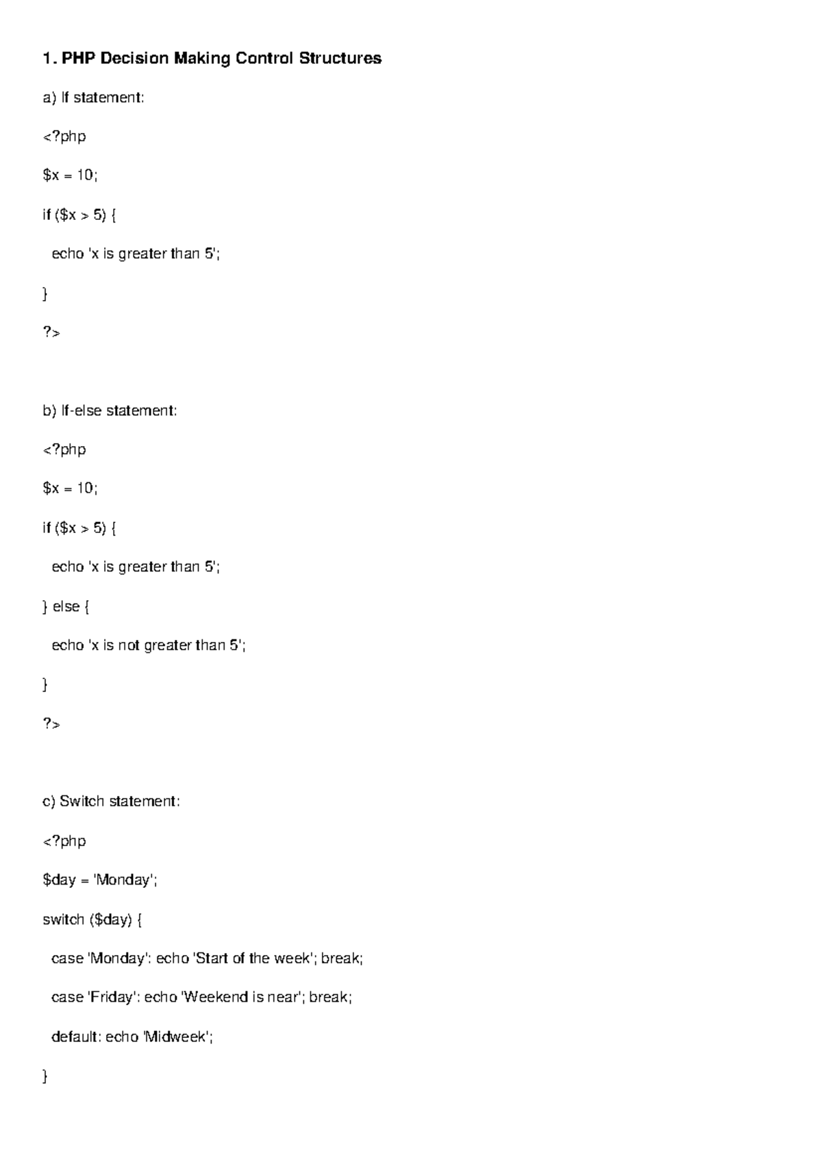 PHP Practical Answers - Manual for Decision Making & Control Structures ...