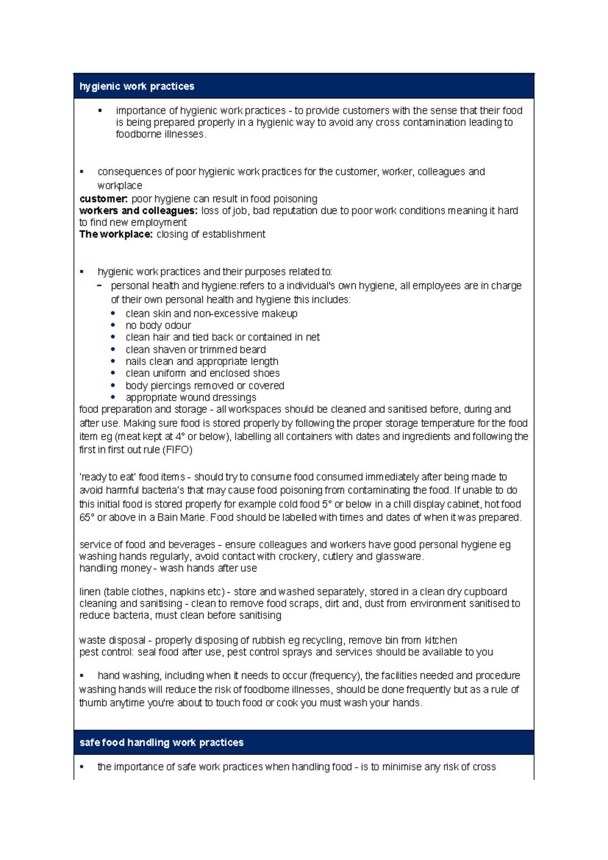 Hosp notes - prelims - hygienic work practices importance of hygienic ...