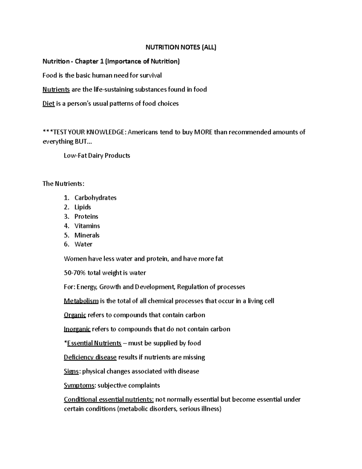 Nutrition Notes - NUTRITION NOTES (ALL) Nutrition Chapter 1 (Importance ...