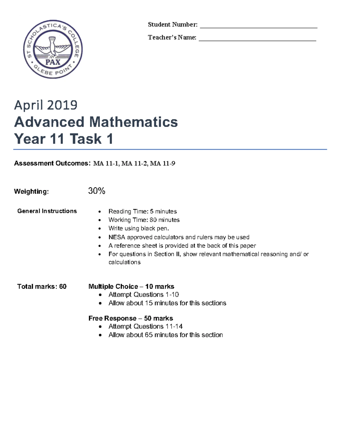 2022 PEM 11 Mathematics Advanced Preliminary Exam Paper - Studocu