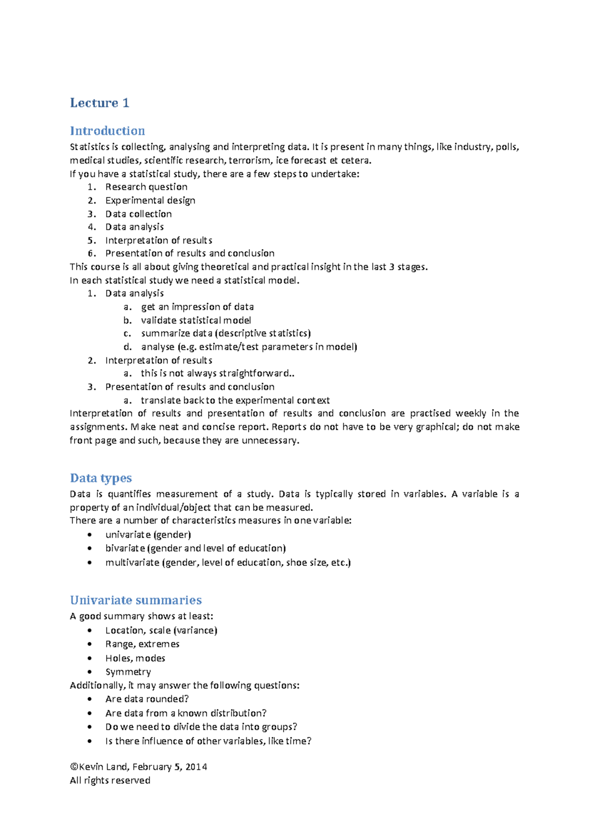 Lecture Notes: Statistical Data Analysis (STAT101) - Lecture 1 ...