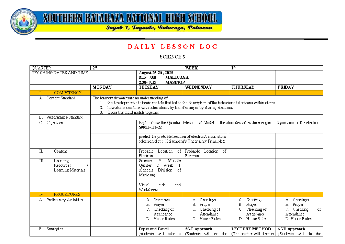 DAILY LESSON LOG SCIENCE 9 QUARTER 2 WEEK 1 - Studocu