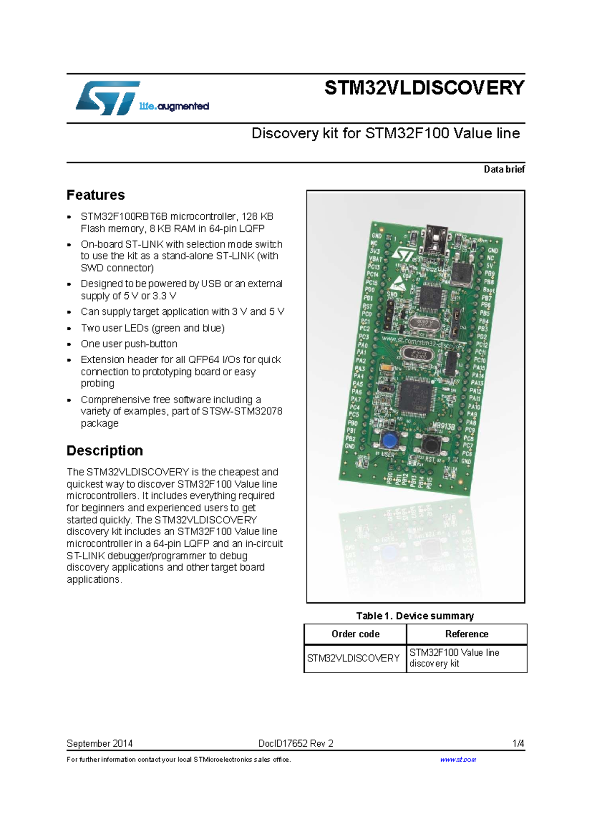 STM32VLDISCOVERY Kit Overview for STM32F100 Microcontroller - Studocu