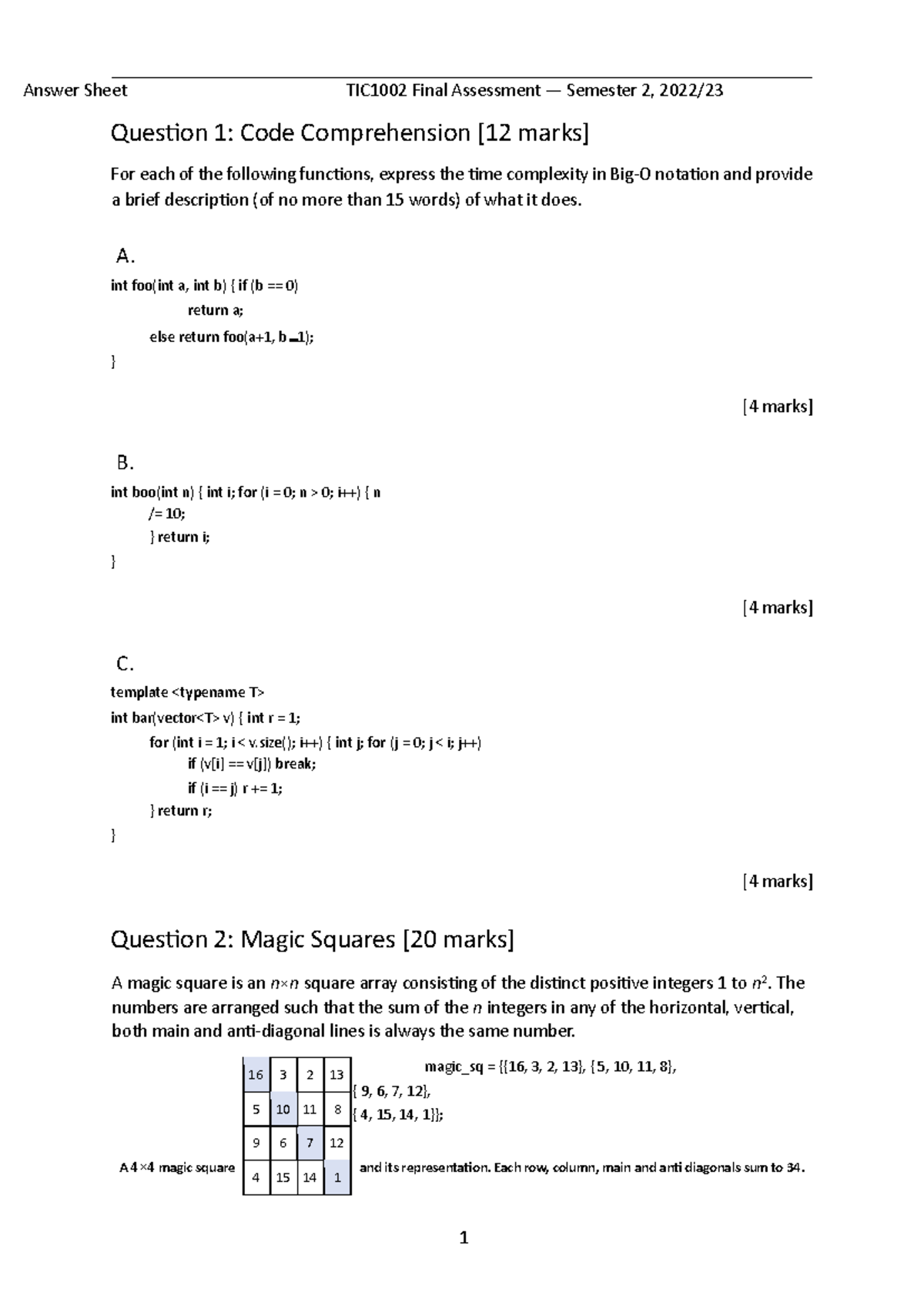 C++ TIC1002 Final Assessment Solutions - Semester 2 - Studocu