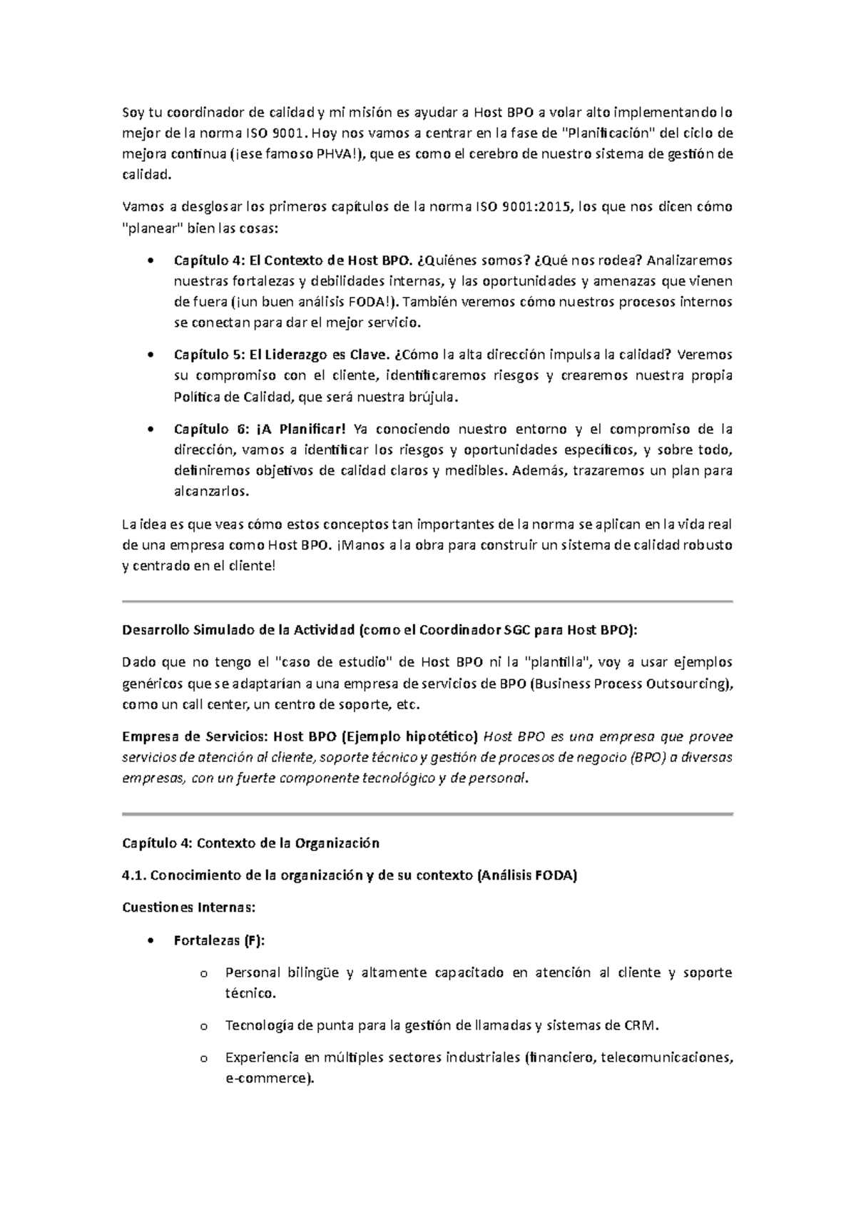 Actividad 1 - Implementación de ISO 9001:2015 en Host BPO - Studocu