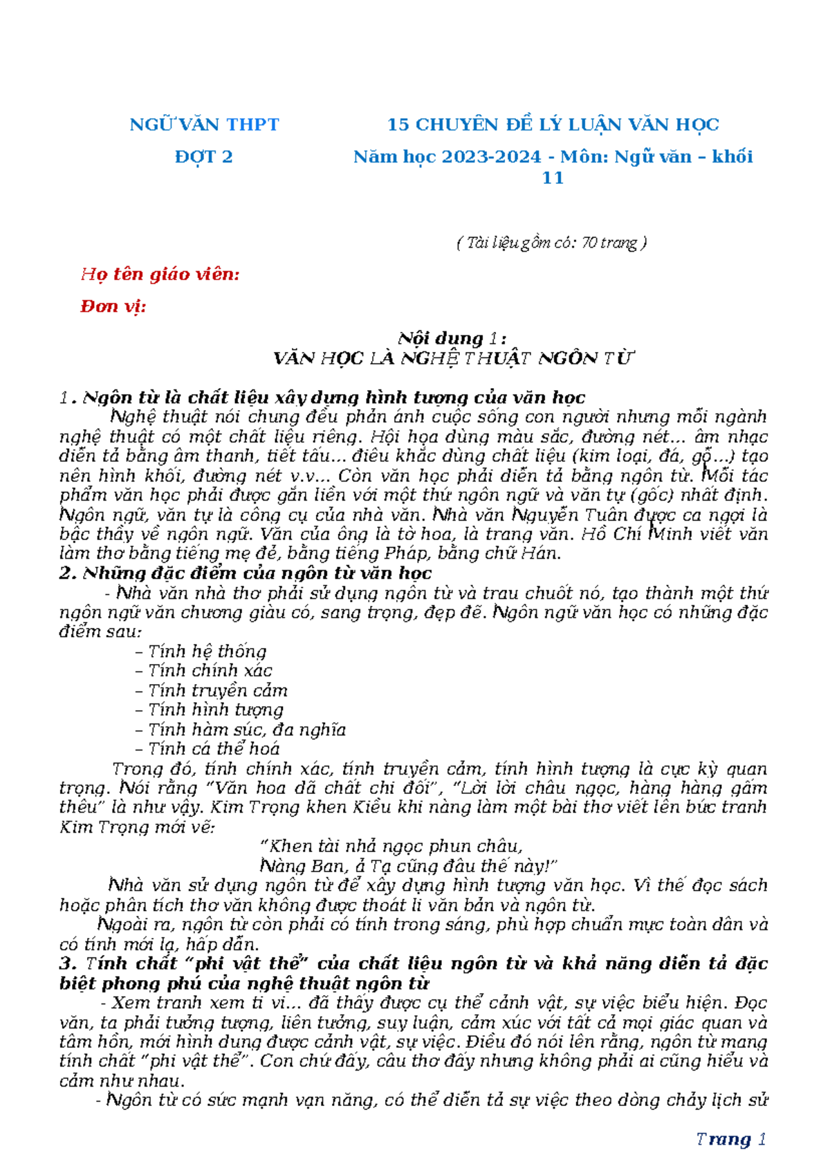 15 Chuyên Đề Lý Luận Văn Học - Ngữ Văn THPT 2023-2024 (70 Trang) - Document Preview