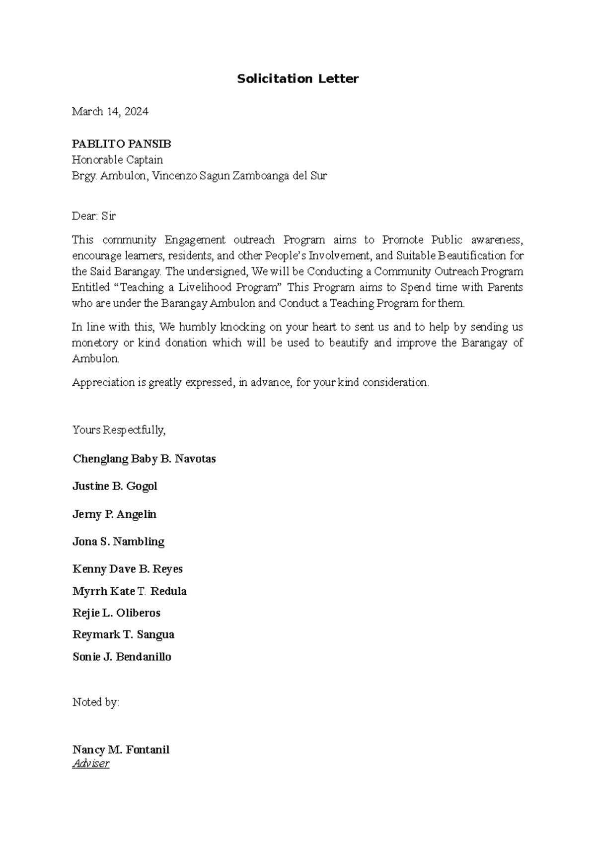 Community Outreach Program Solicitation Letter Sample - Studocu