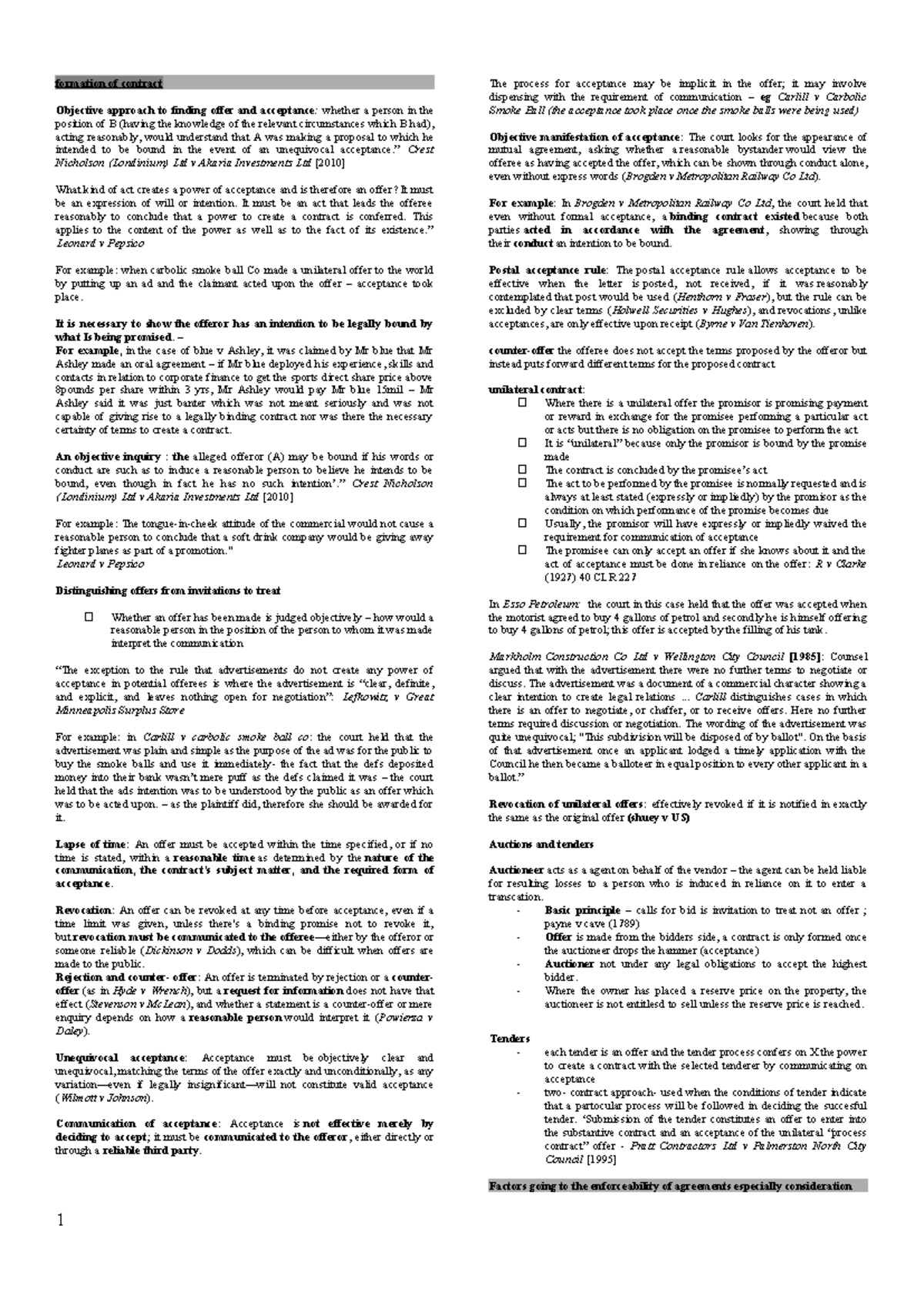 Contract Law Exam Notes - Key Cases and Principles (LAW 101) - Studocu
