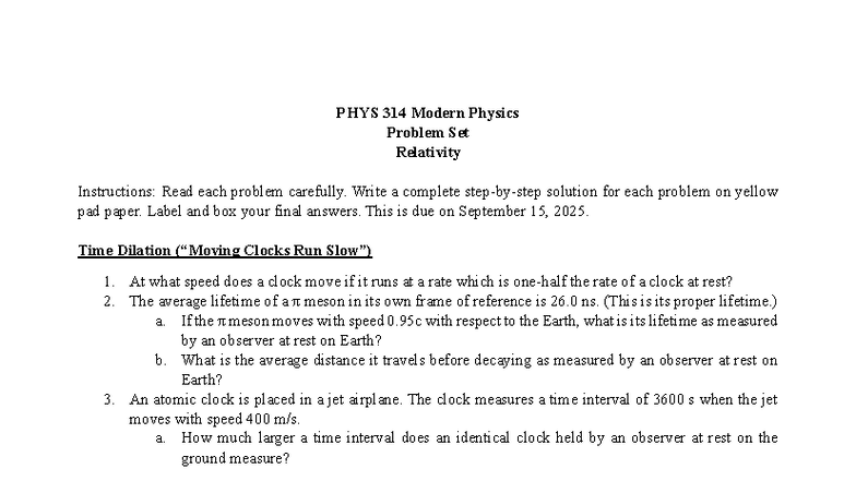 PHYS 314 Modern Physics Problem Set: Relativity Challenges - Studocu