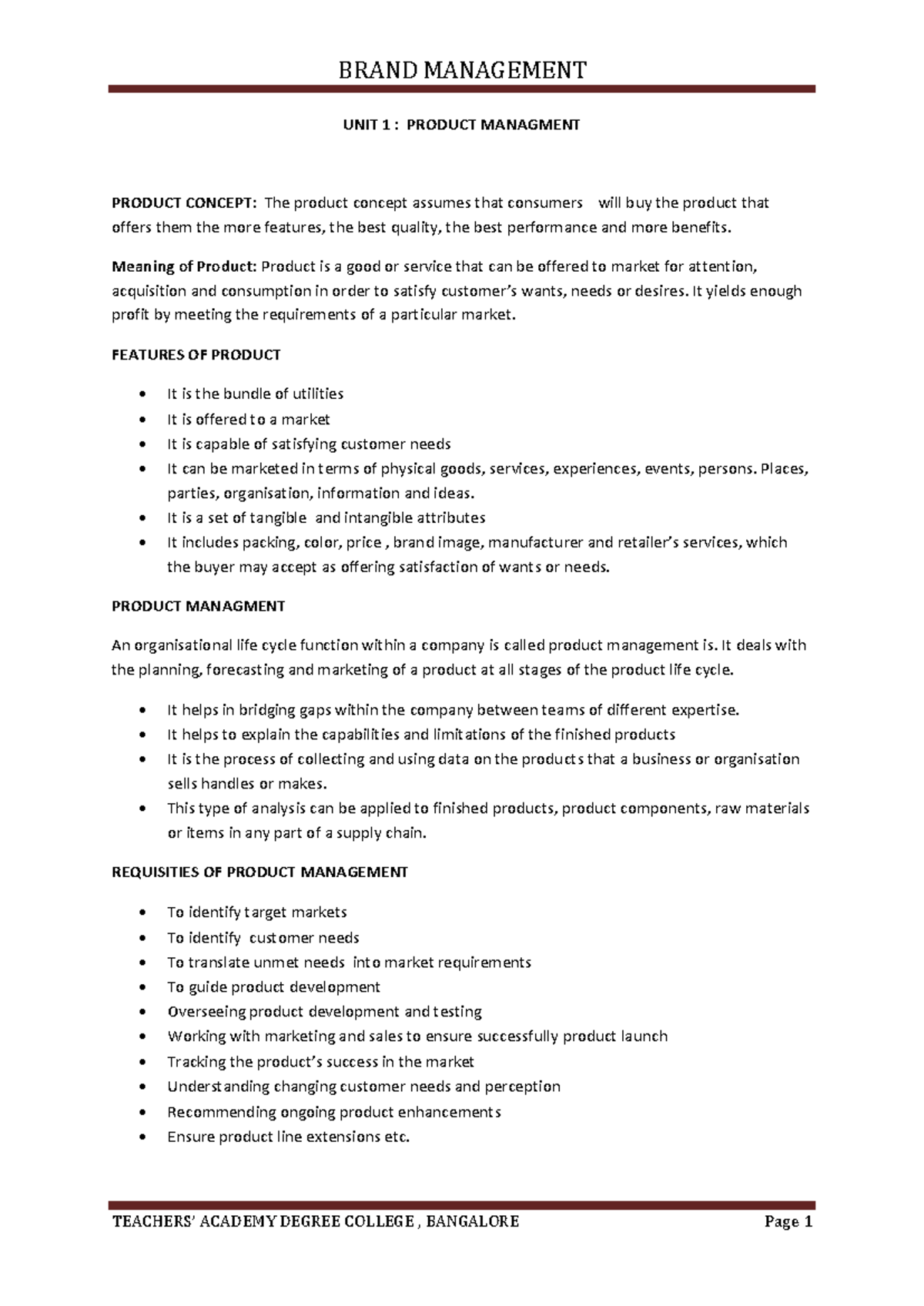 VI SEM B.B.M Brand Management Notes: Product Management & Development ...