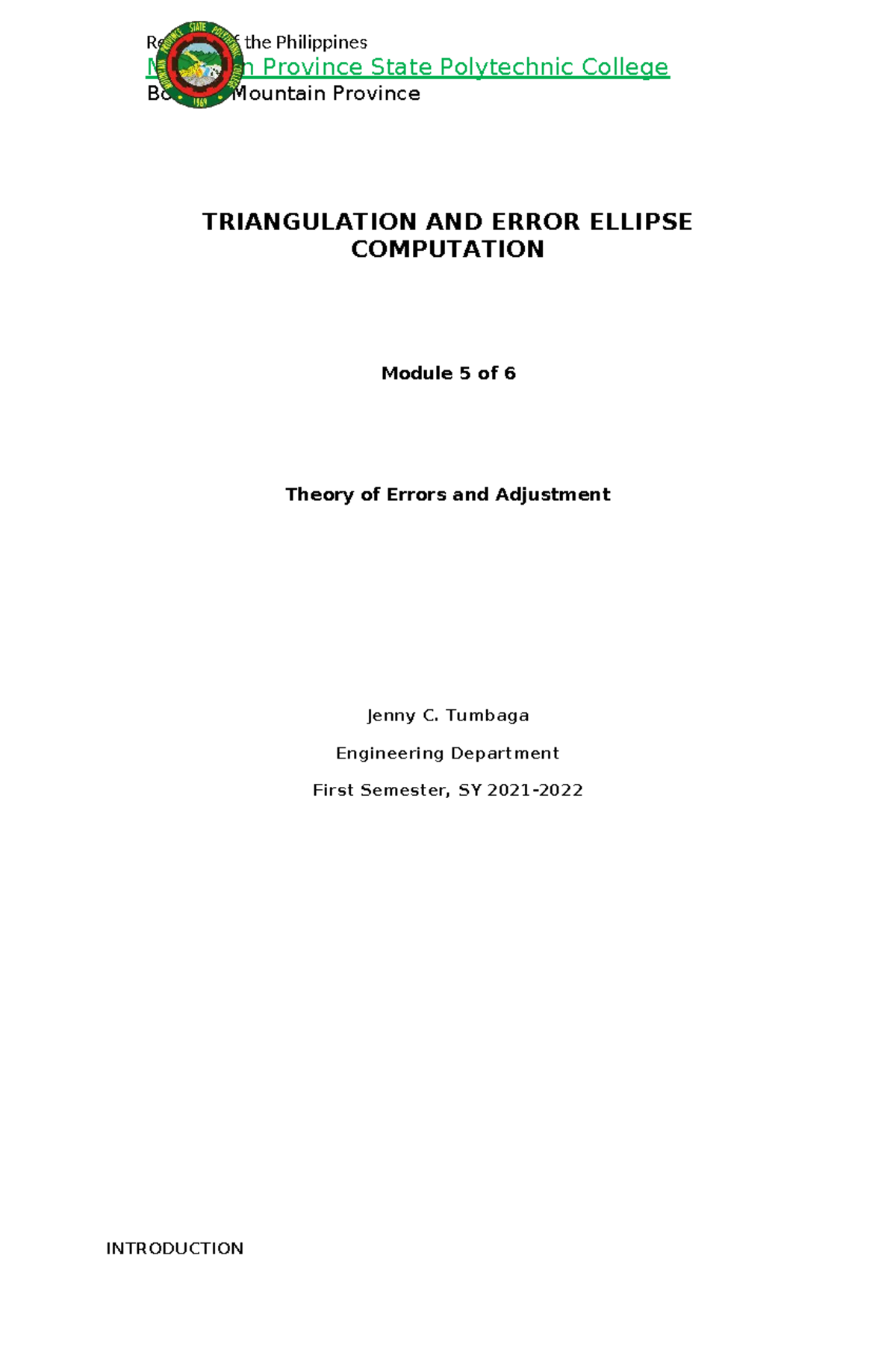 GE-313 Module 5: Triangulation & Error Ellipse Computation Notes - Studocu