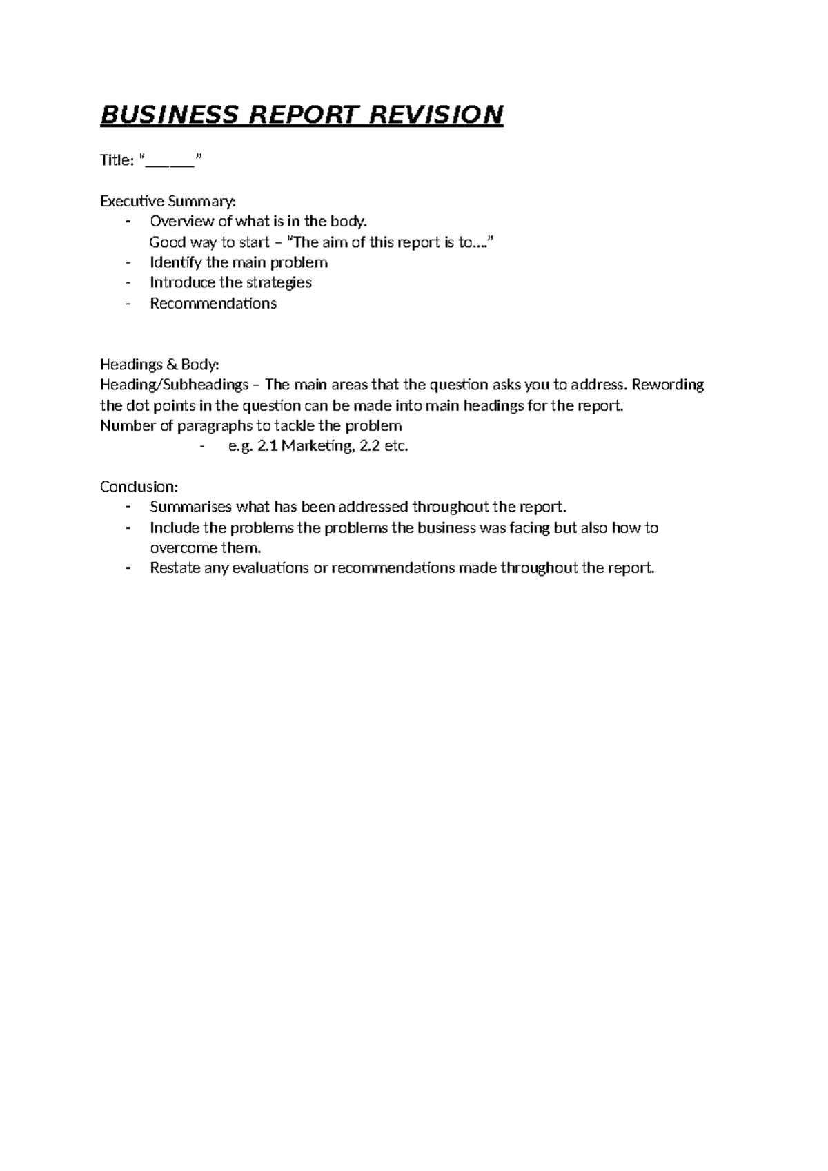 BUSINESS REPORT REVISION: Executive Summary & Key Strategies - Studocu