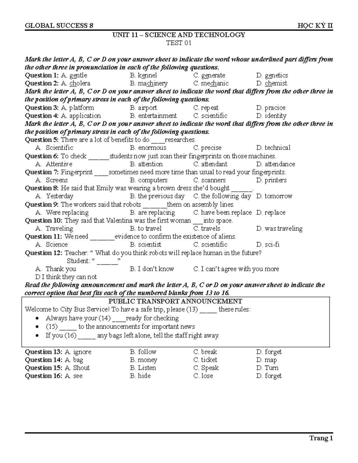 UNIT 11 - HS - Science and Technology Practice Test 01 - Studocu