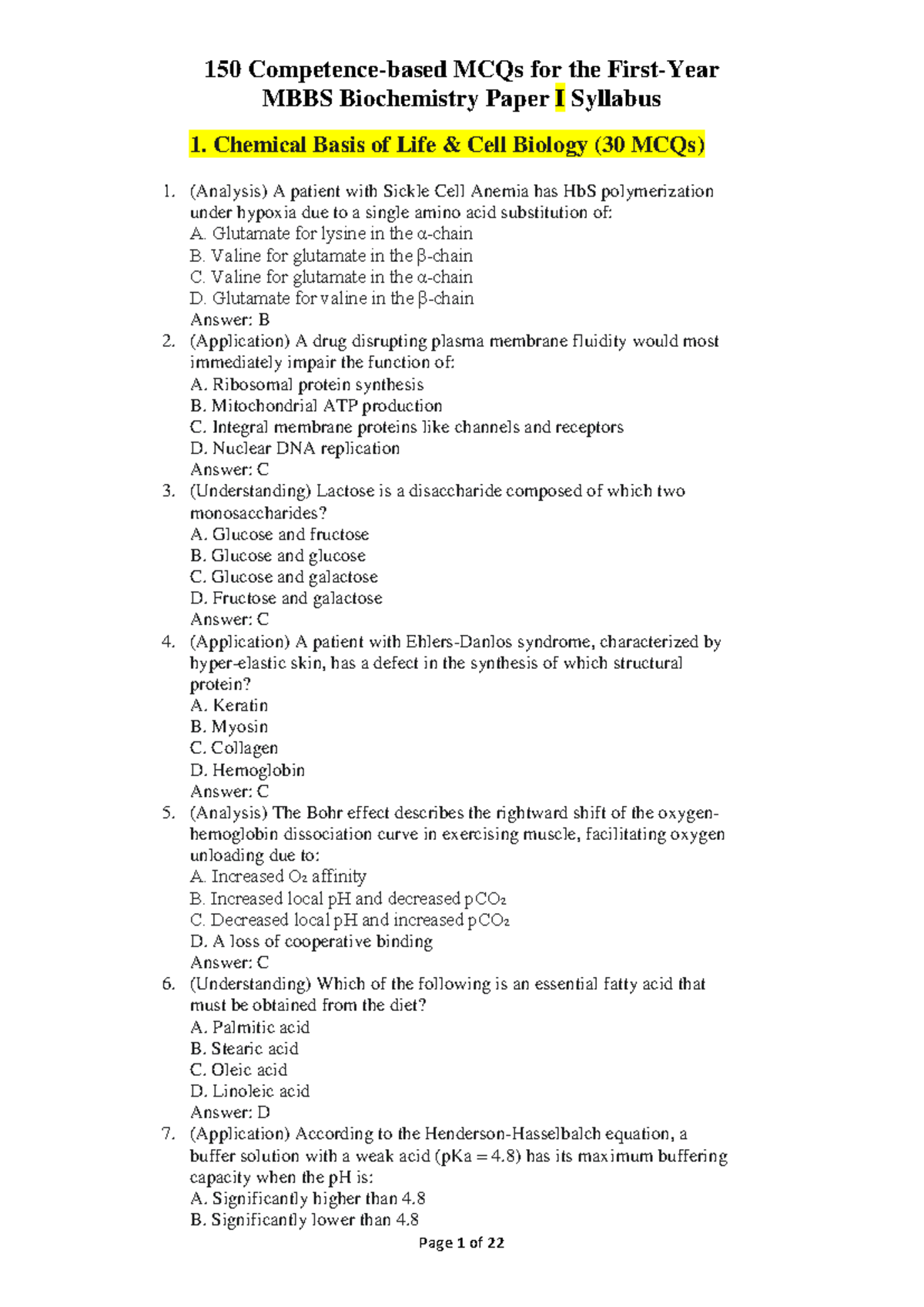 150 Competence-Based MCQs for MBBS Biochemistry Paper I - Studocu
