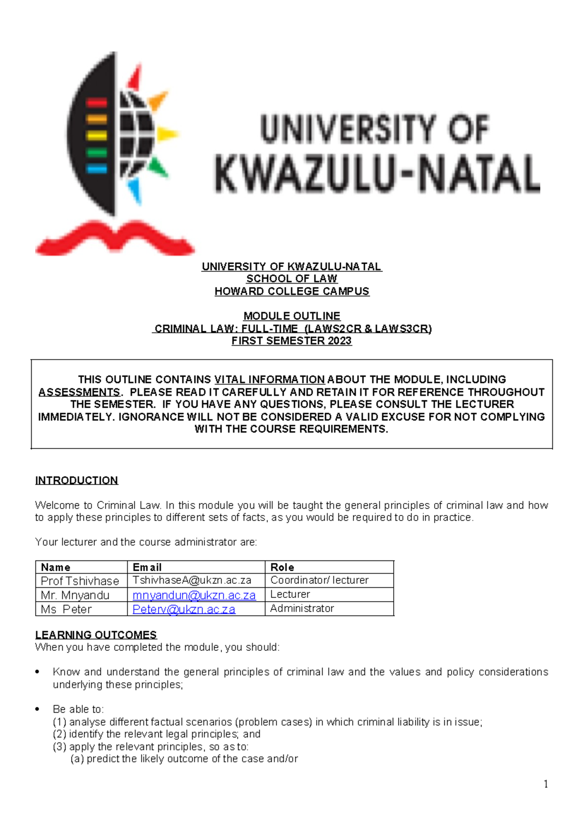 Criminal Law Course Outline FT 2023 (10) - UNIVERSITY OF KWAZULU-NATAL ...