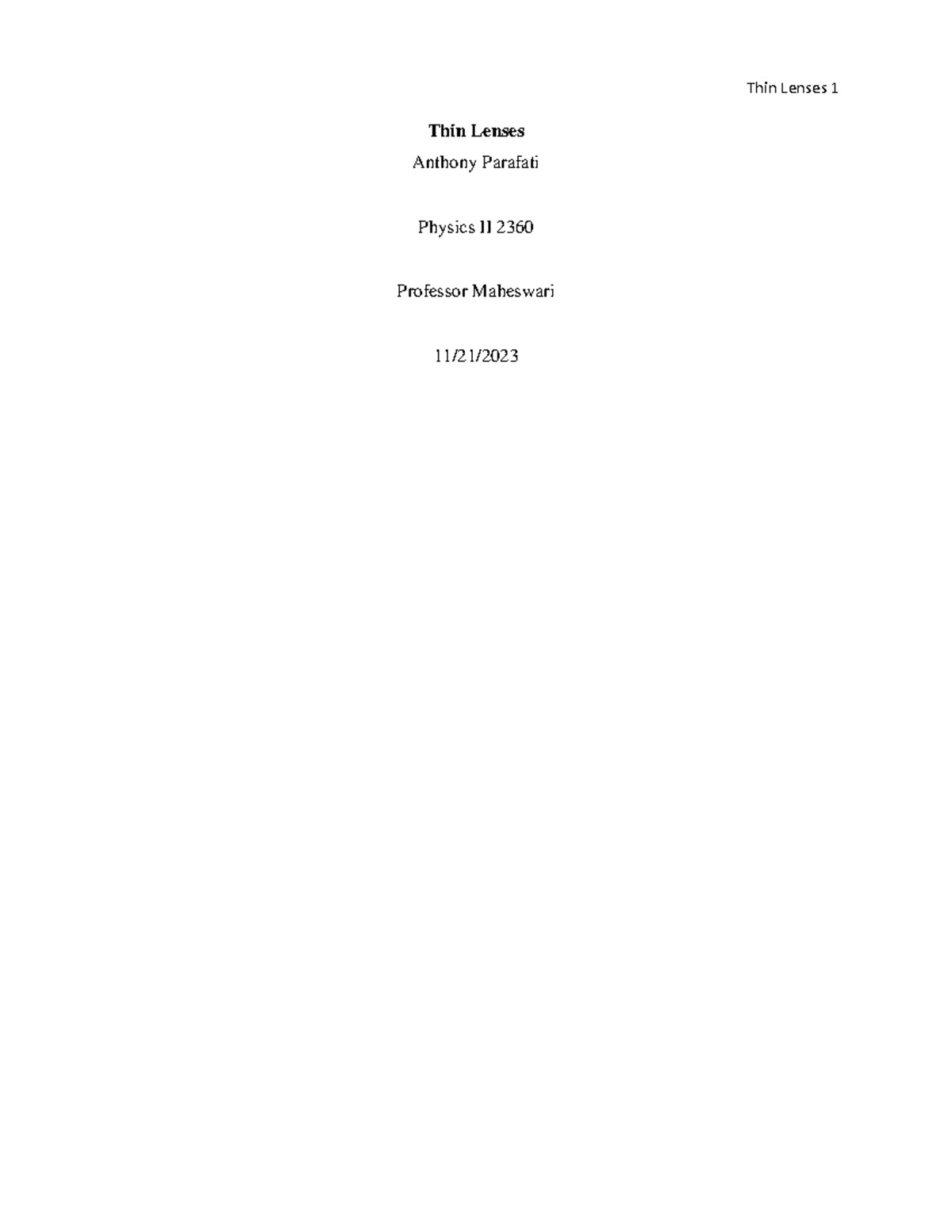 Physics II 2360: Thin Lenses Lab Report & Focal Length Analysis - Studocu