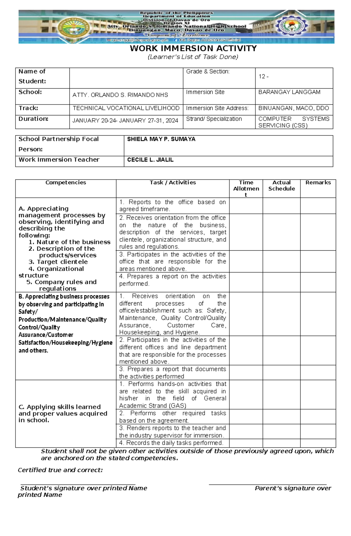 LIST OF TASK IN WORK Immersion Activity Humss 1 - WORK IMMERSION ...