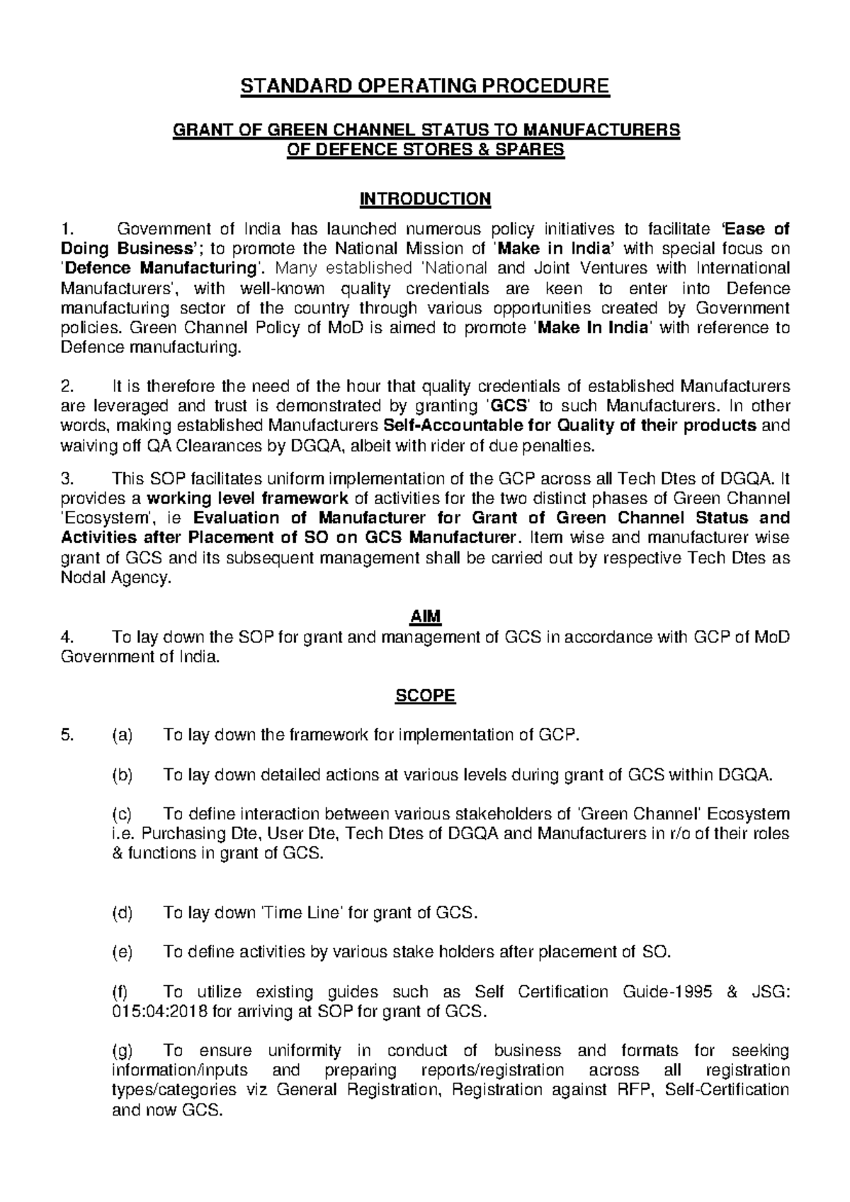 SOP for Granting Green Channel Status to Defence Manufacturers - Studocu