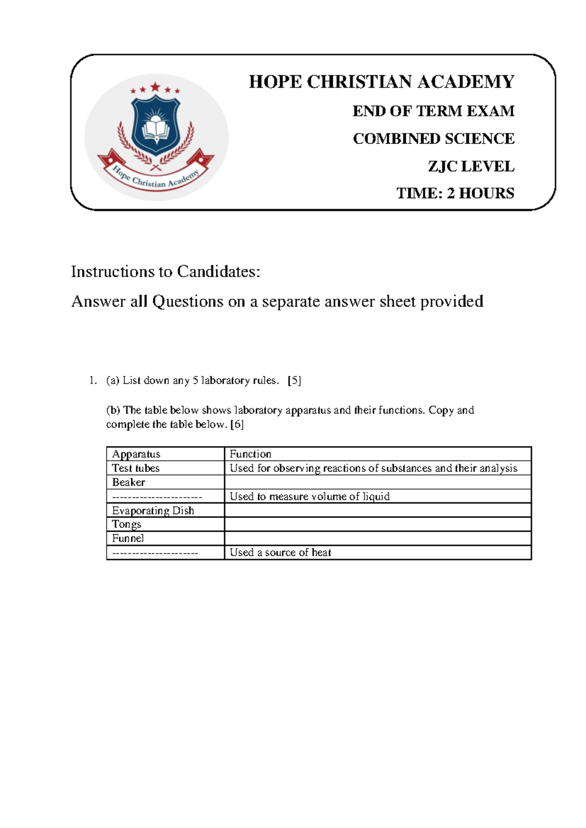 ZJC Level Combined Science End of Term Exam - Hope Christian Academy ...
