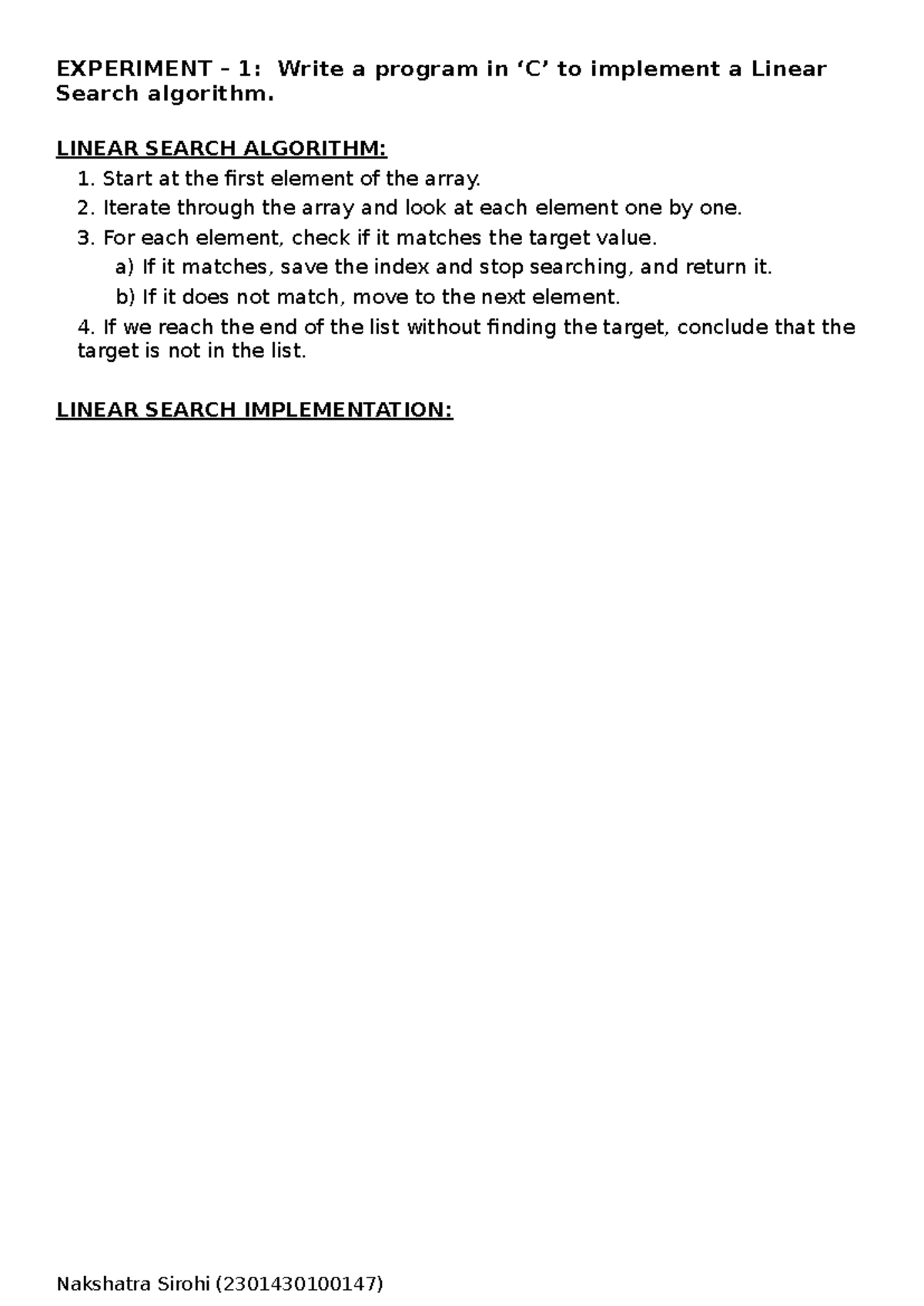 Practical File 01 - EXPERIMENT – 1: Write a program in ‘C’ to implement ...