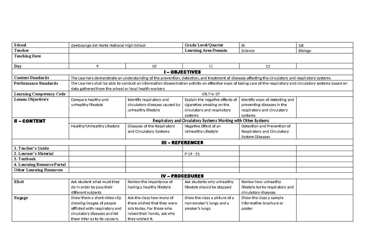 DLL9w8 - Daily Lesson Log for Grade 9 Science Biology Class - Studocu