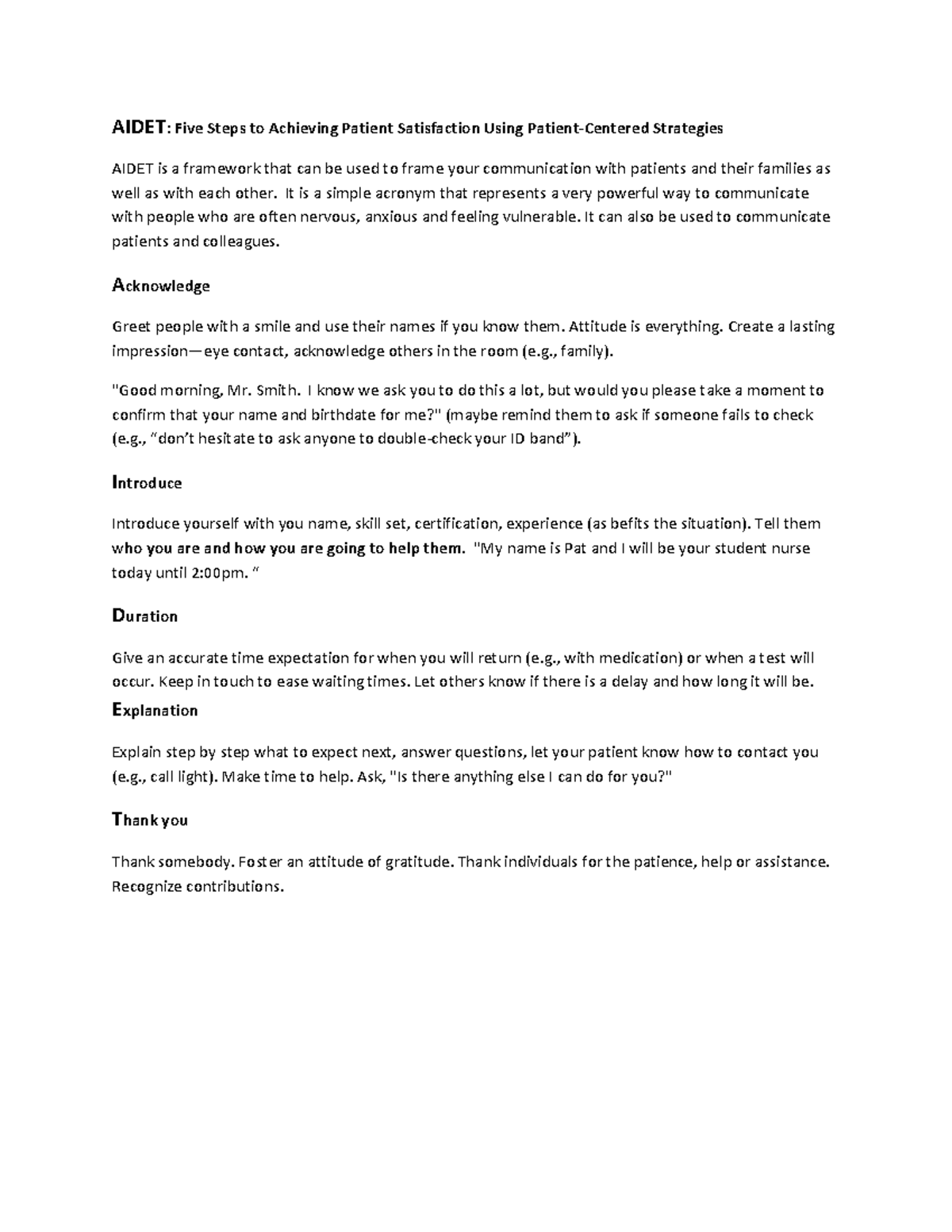 AIDET Communication Framework for Effective Patient Engagement - Studocu