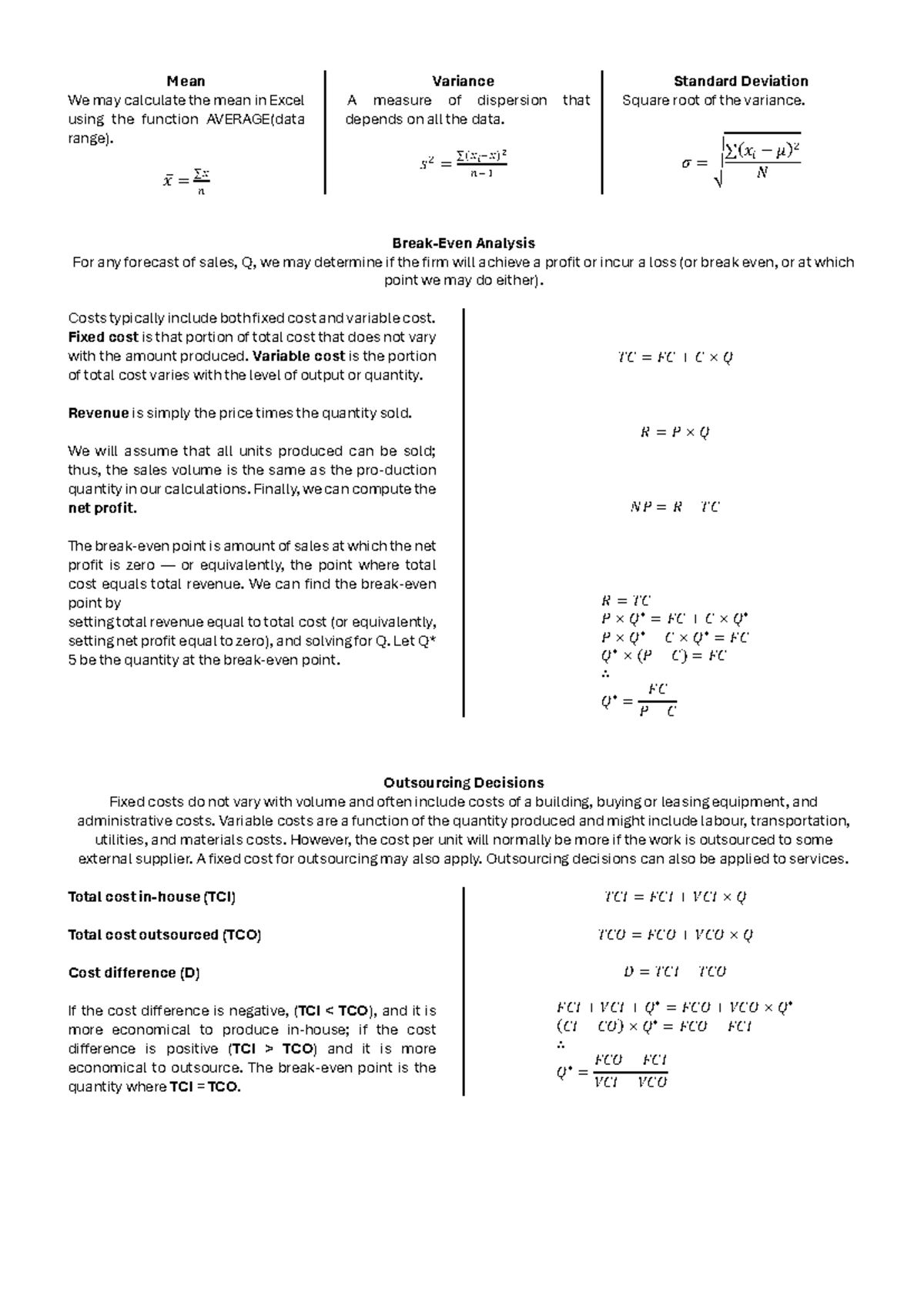 Mid-semester Test Cheat Sheet: Mean, Variance, and Cost Analysis - Studocu