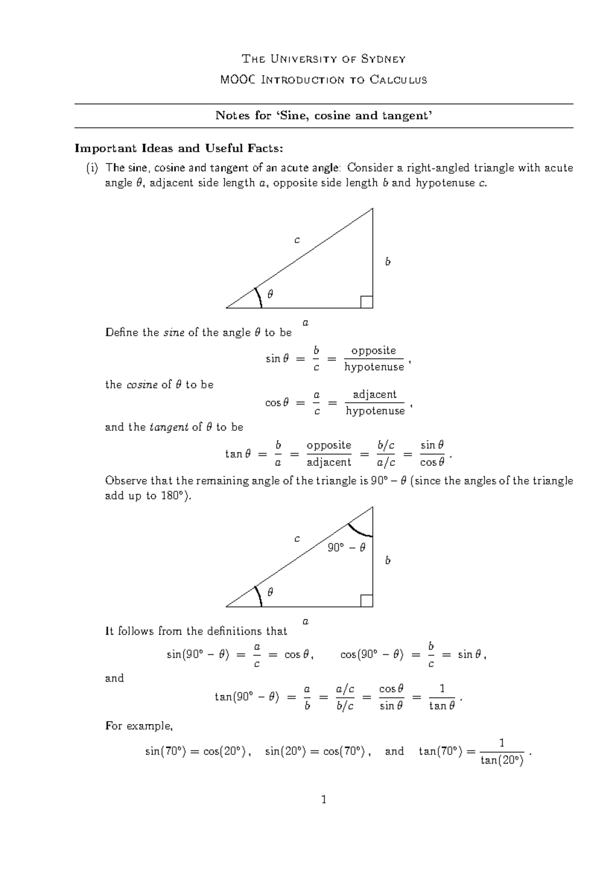The University of Sydney MOOC: Intro to Calculus Notes on Sine, Cosine ...