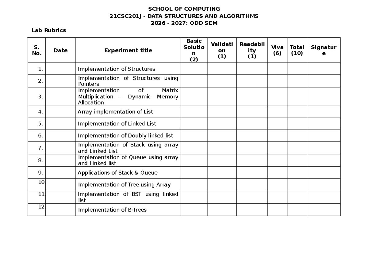 21CSC201J Data Structures & Algorithms Lab Rubric 2026-2027 - Studocu