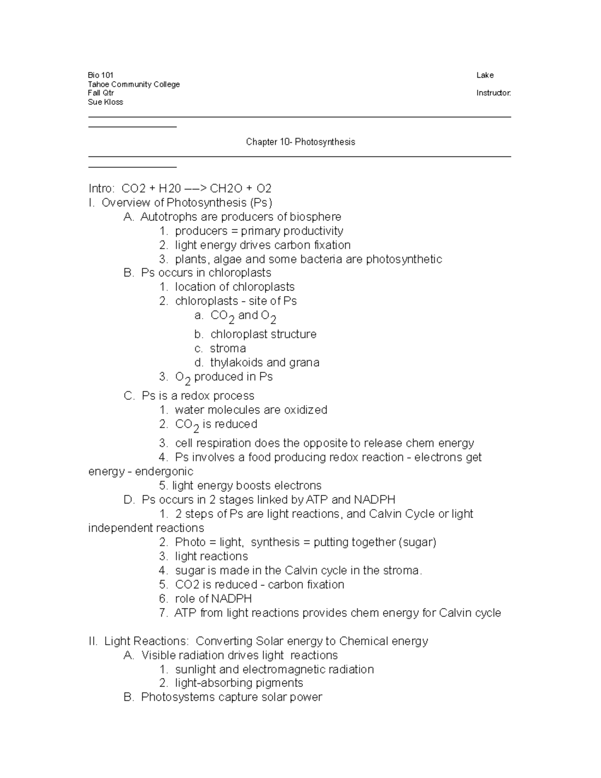 Bio 101: Chapter 10 - Photosynthesis Lecture Notes - Studocu
