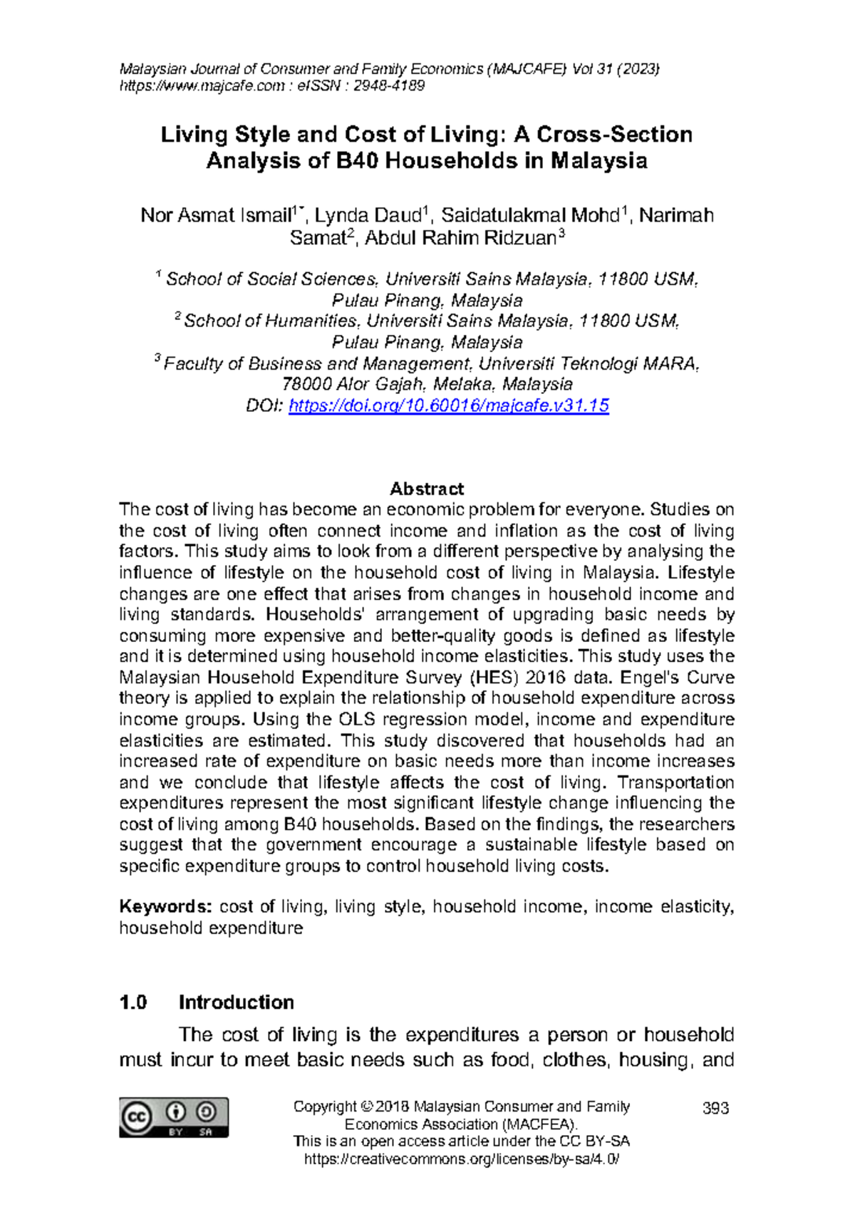 Living Style and Cost of Living Analysis for B40 Households in Malaysia ...
