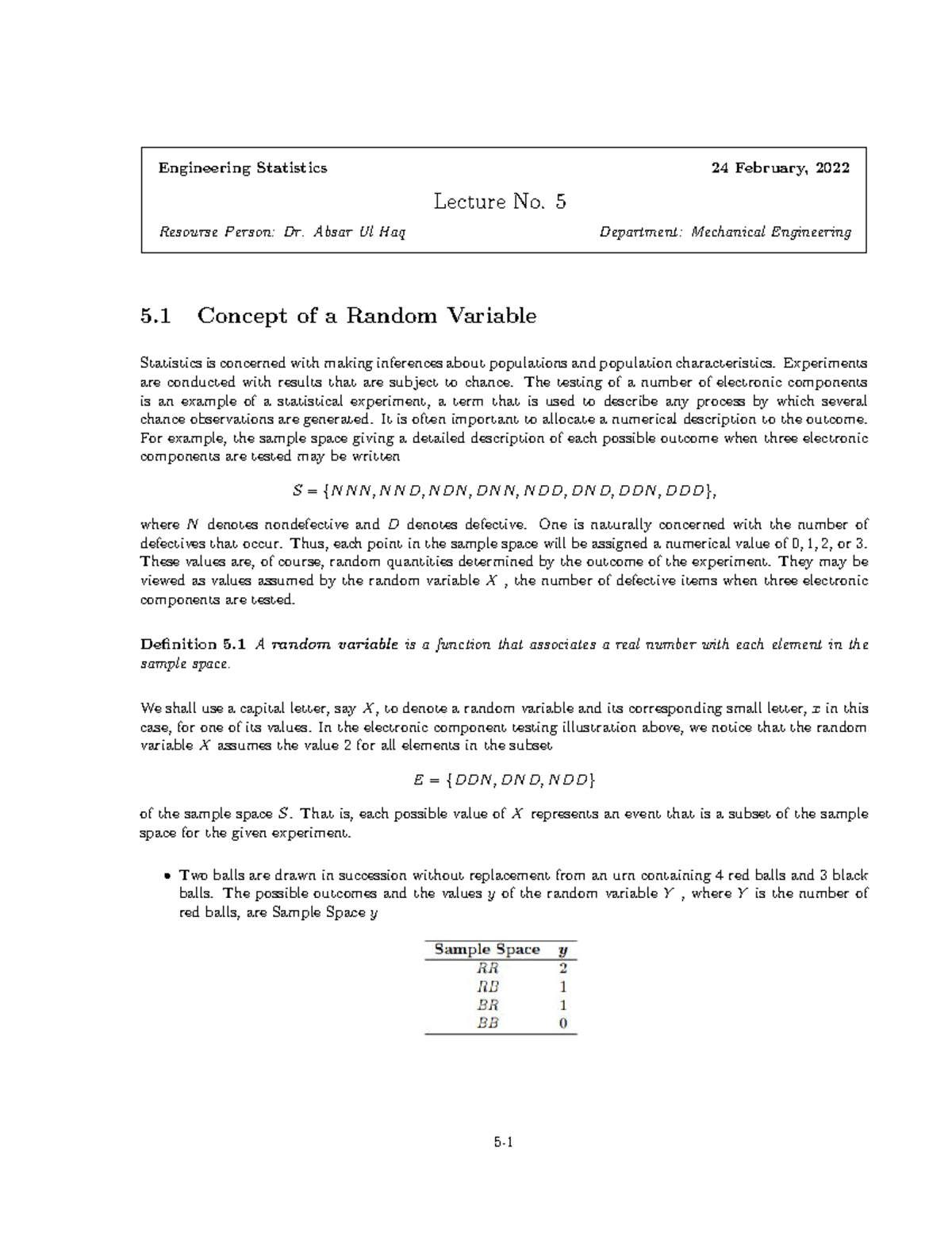 Lecture No. 6: Understanding Random Variables in Engineering Statistics ...