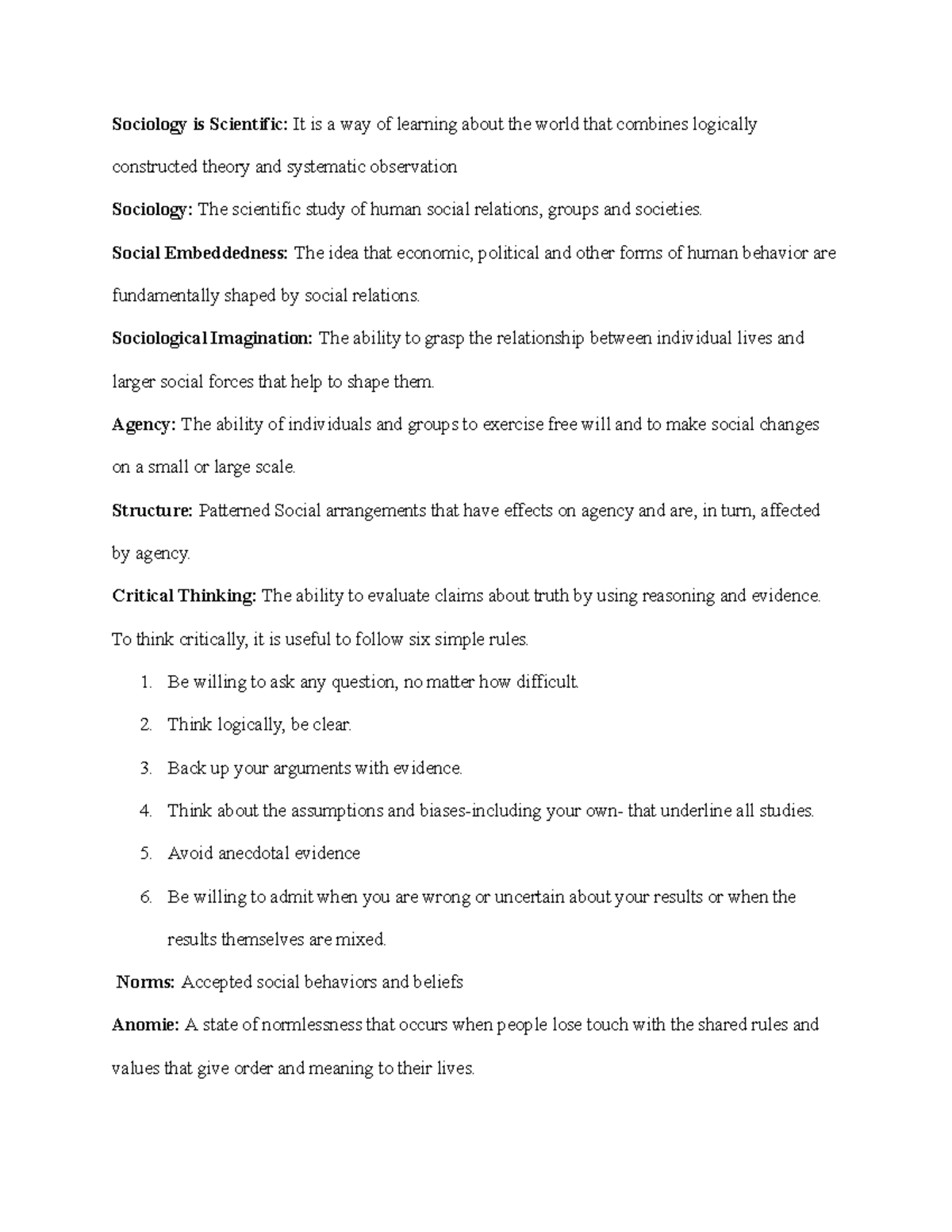 SOC 101: Chapter 1 Sociology Notes on Key Concepts and Terms - Studocu