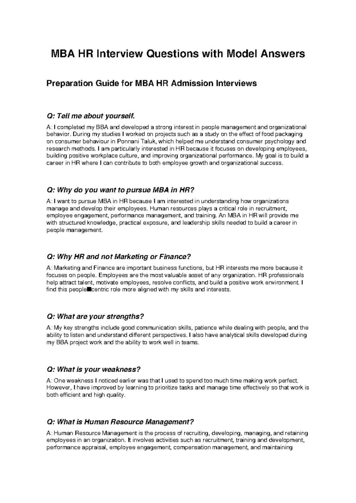 MBA HR Interview Questions & Model Answers Prep Guide - Studocu