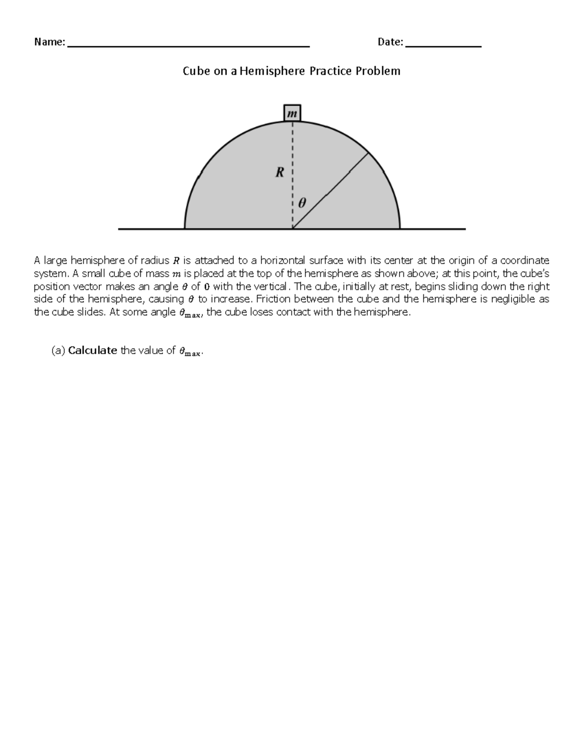 Physics 101: Cube on a Hemisphere Practice Problem Analysis - Studocu