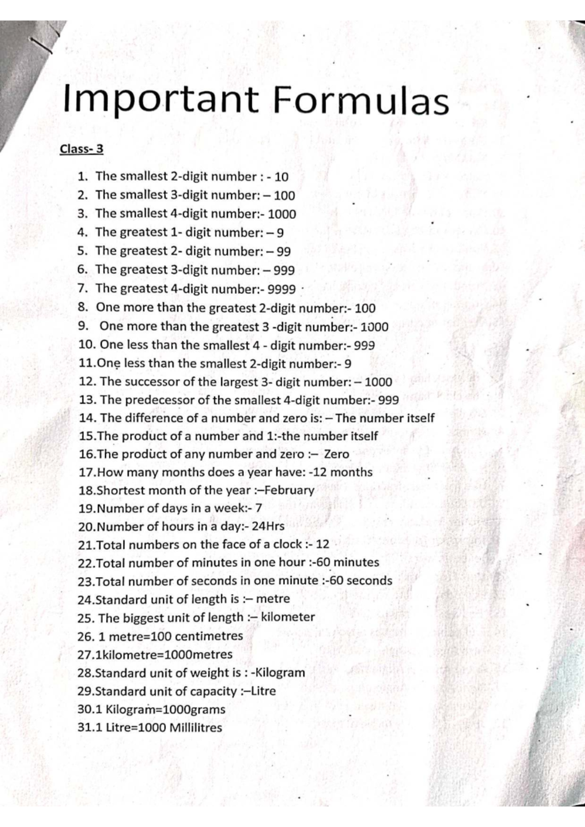 Class 4 Maths - Important Formulas and Concepts - Studocu