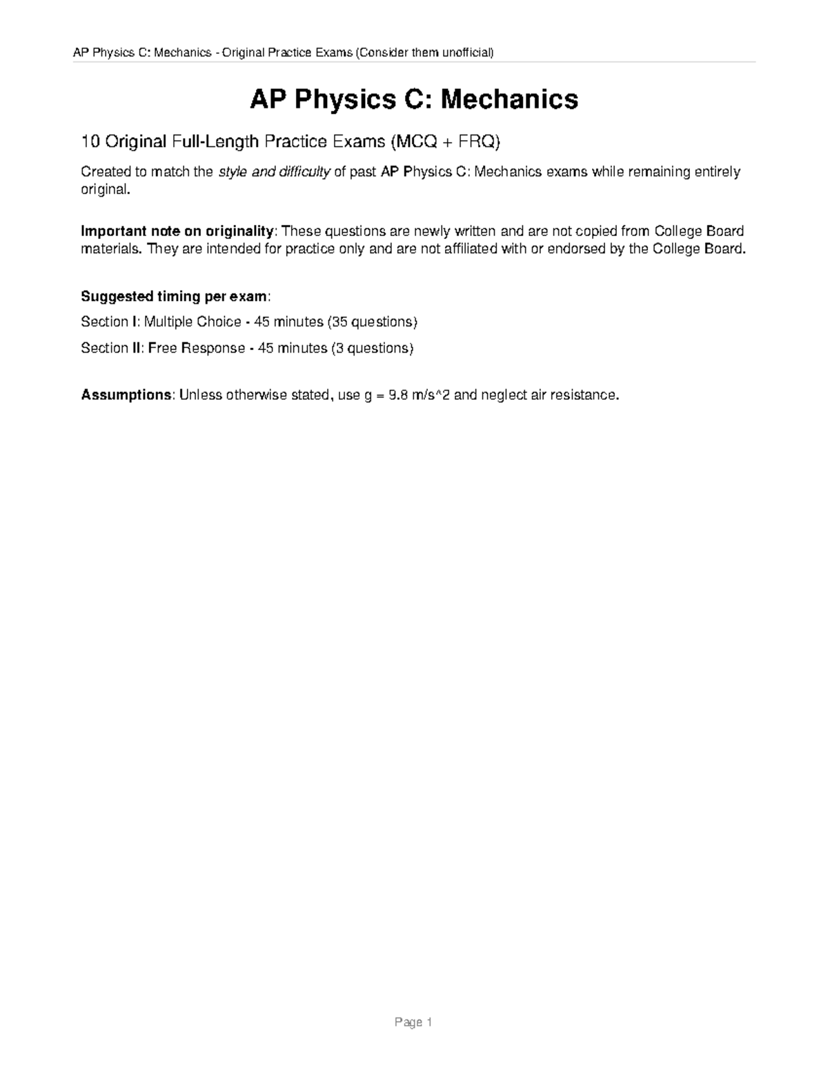AP Physics C: Mechanics 10 Practice Exams (MCQ & FRQ) Original - Studocu