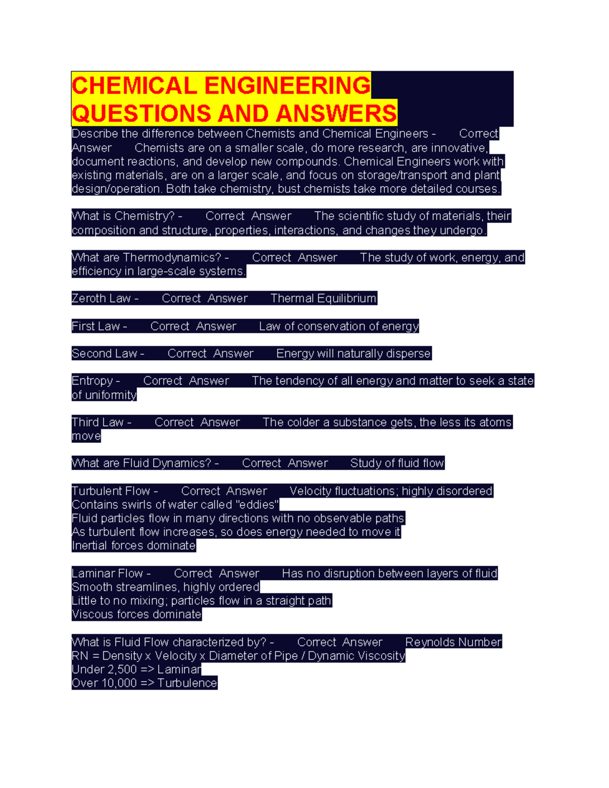 CHEM 101: Chemical Engineering Q&A Overview and Key Concepts - Studocu