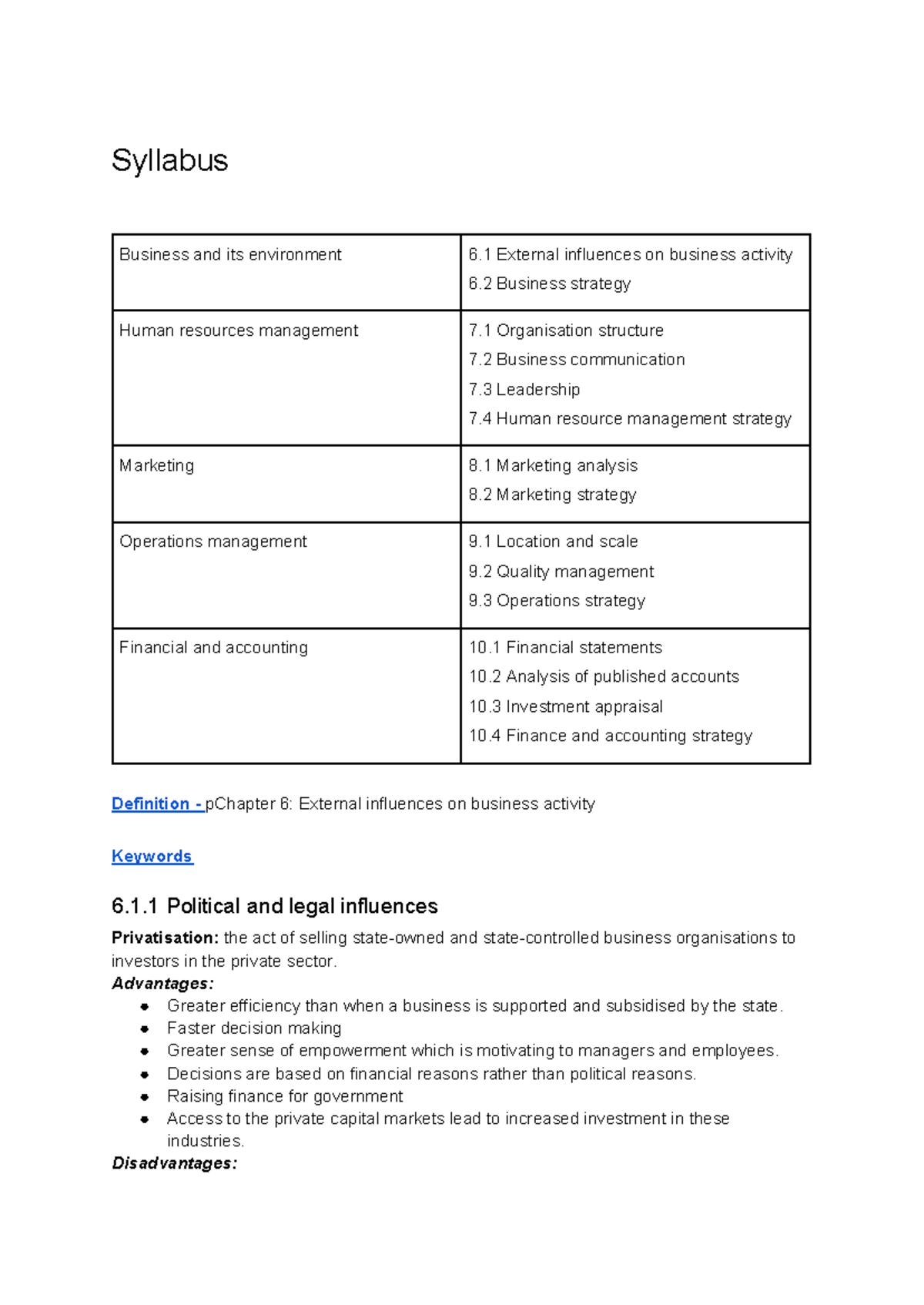 A Level Business: Syllabus Overview and Key Concepts - Studocu