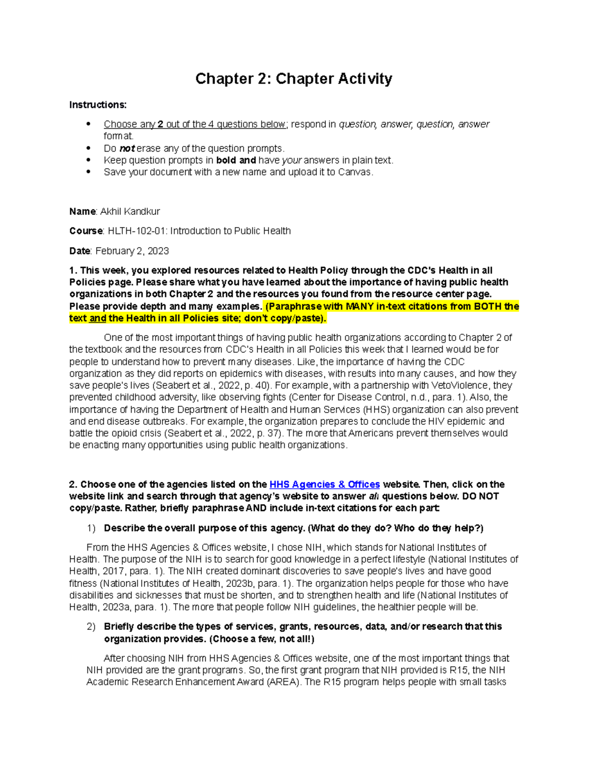 HLTH-102-01: Chapter 2 Reflection on Public Health Organizations and ...