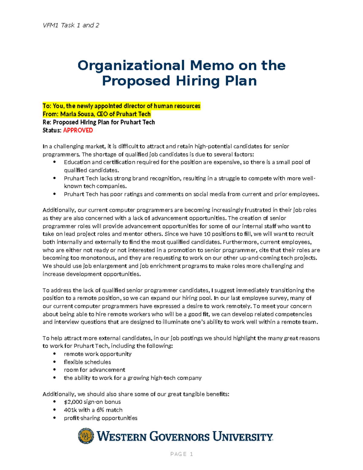 VFM1 Organizational Memo: Approved Hiring Plan for Pruhart Tech - Studocu